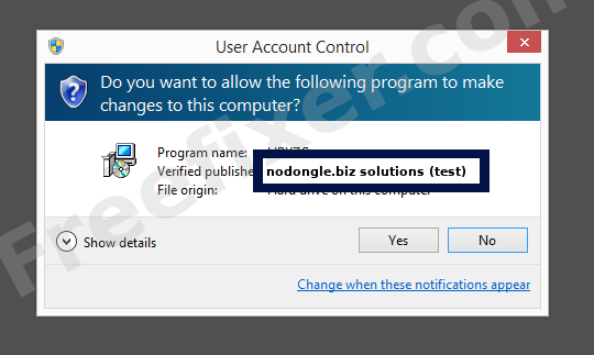 Screenshot where nodongle.biz solutions (test) appears as the verified publisher in the UAC dialog